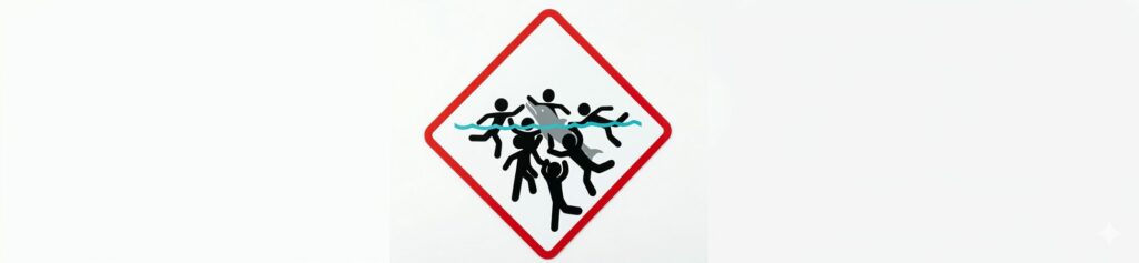 Group of people swimming with dolphins in red diamond-shaped warning sign